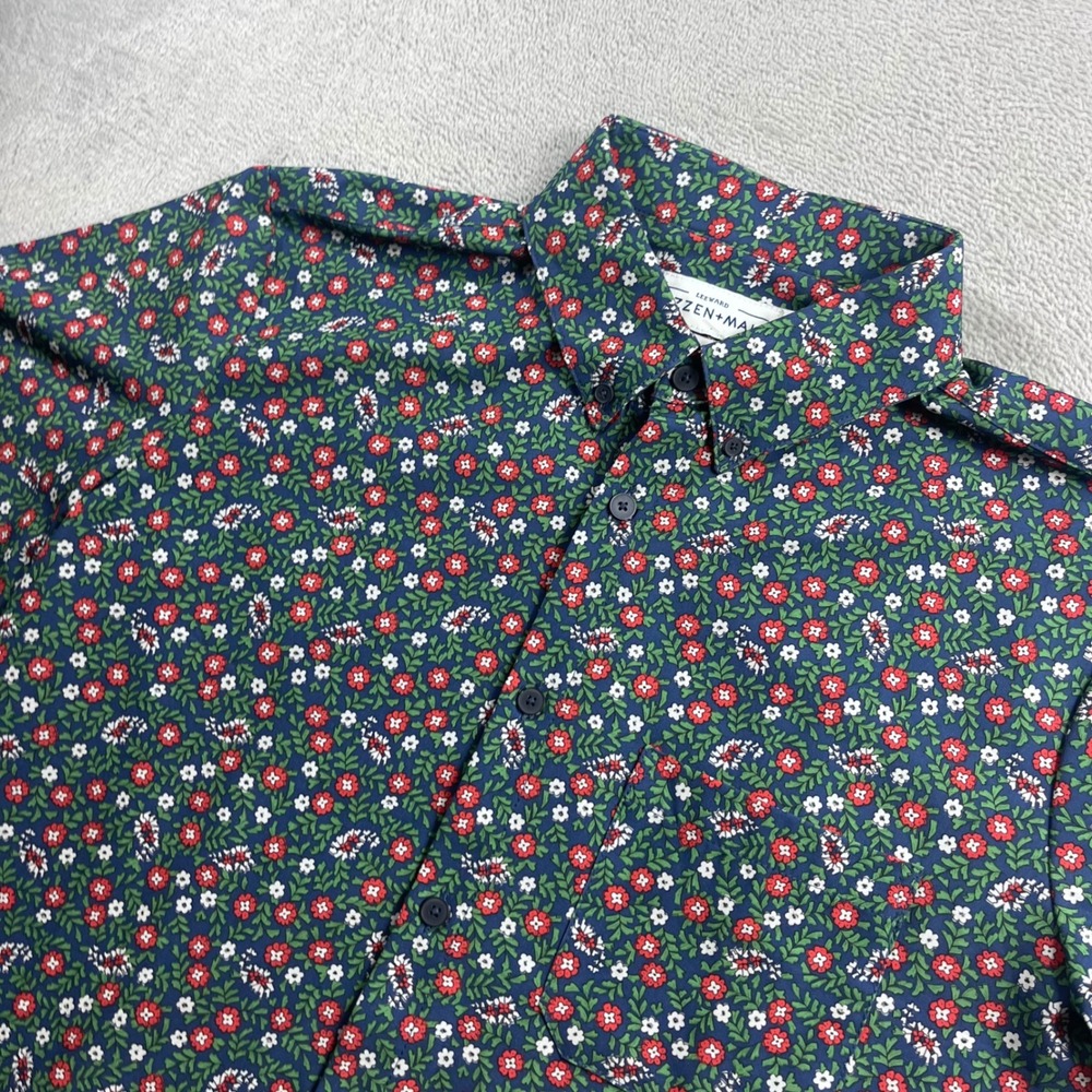 Mizzen+Main Leeward Shirt Men Large Trim Fit Short Sleeve Navy Blue Floral Print